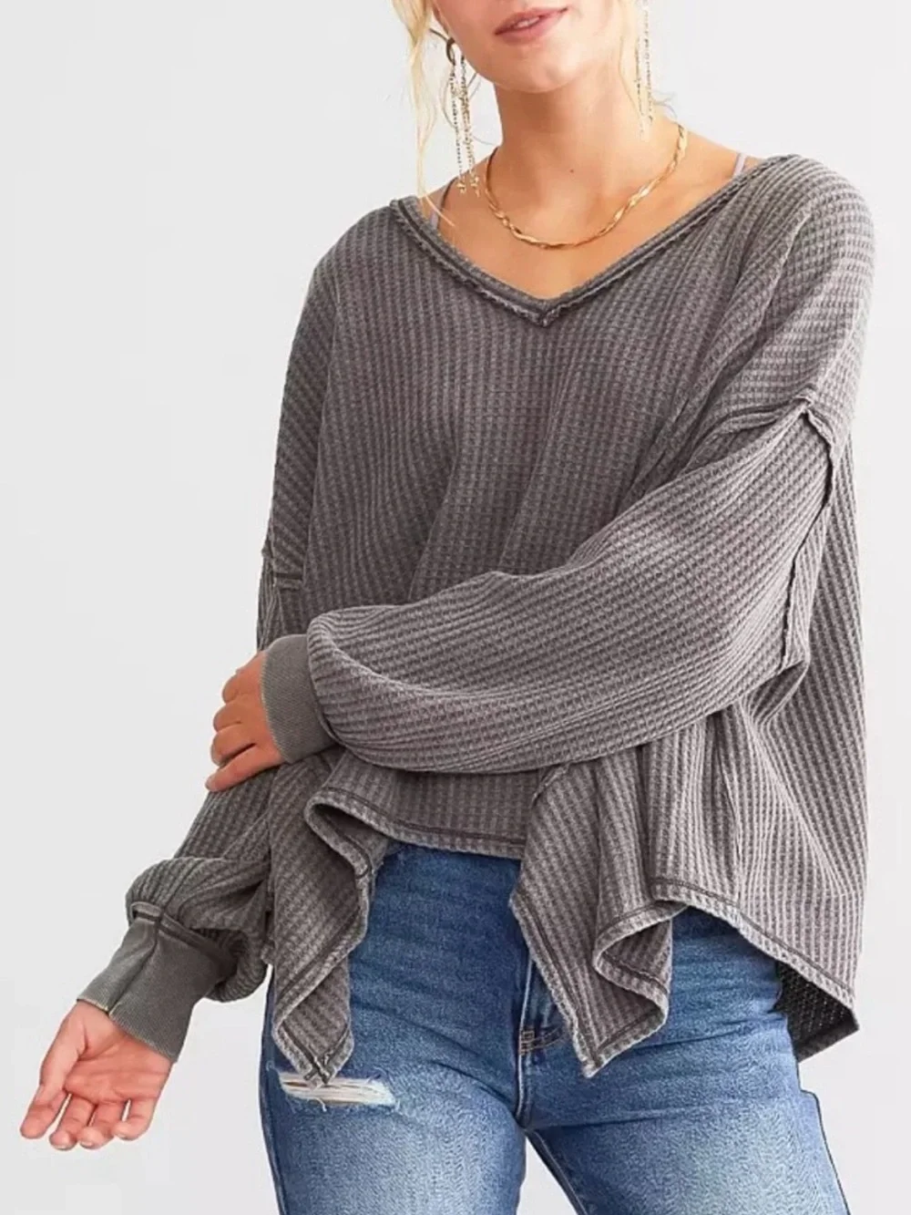 Free People Coraline Oversized Thermal Shirt Slouchy Sz Medium